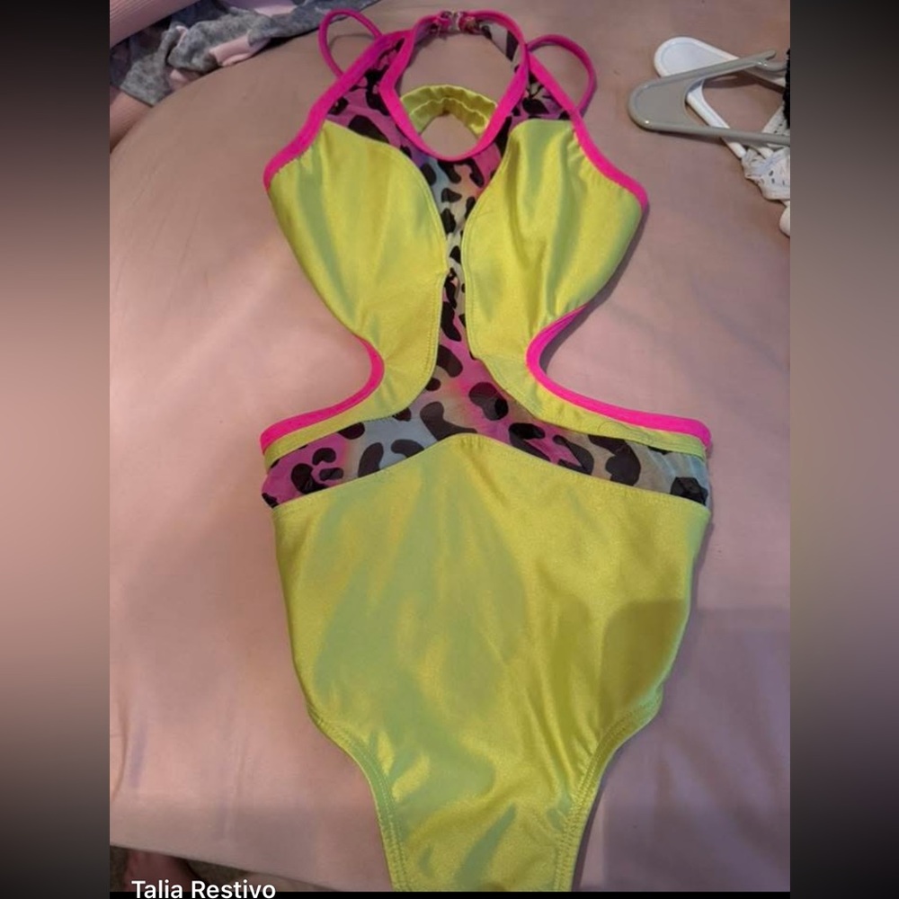 Vibrant Yellow and Pink Kids One Piece Swimsuit